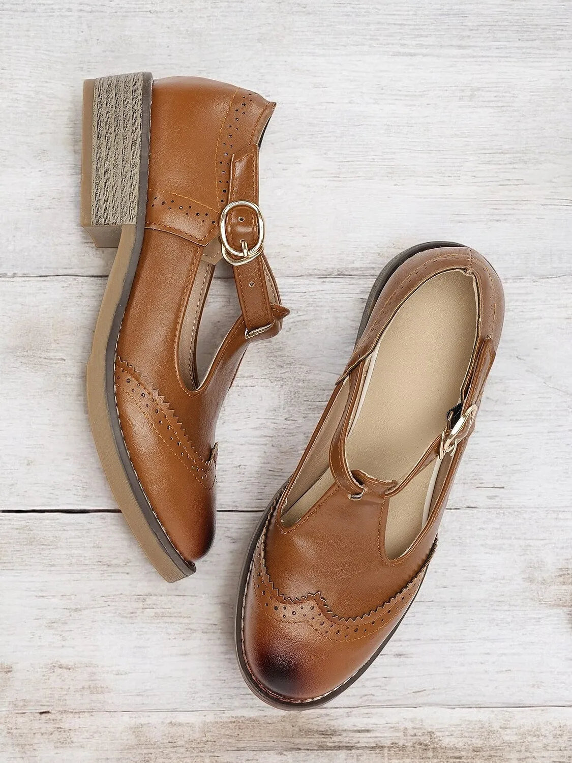 Women's Brown T-Bar Mary Jane Shoes with Buckle Strap and Block Heel