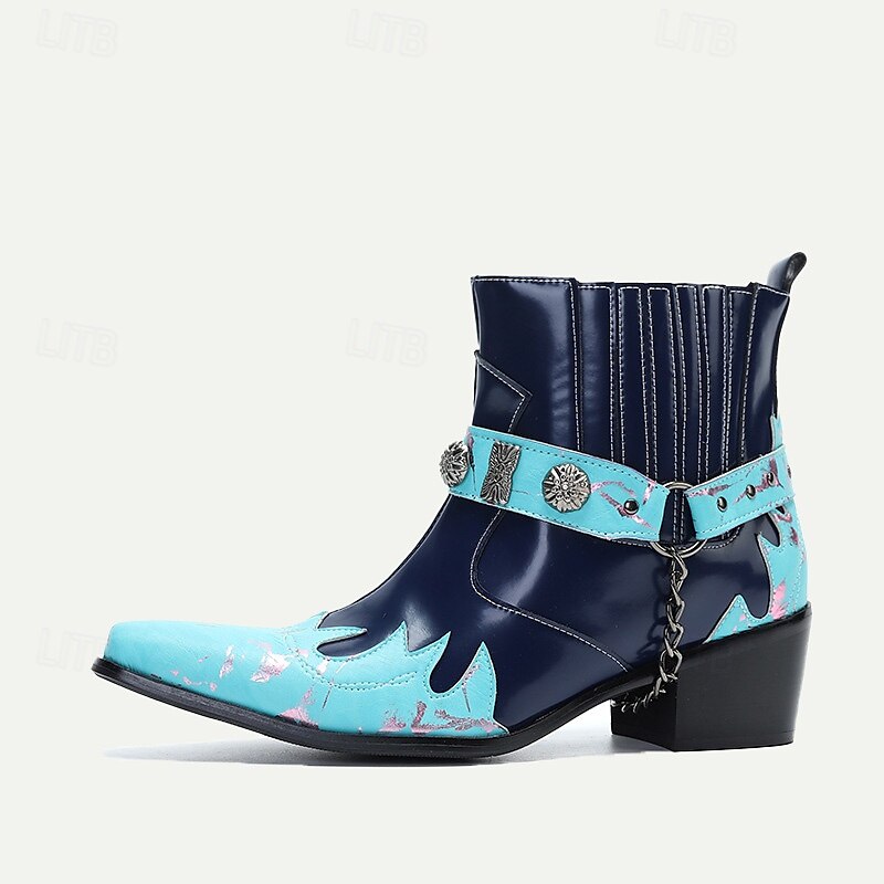 Men's Blue and Turquoise Leather Motorcycle Boots