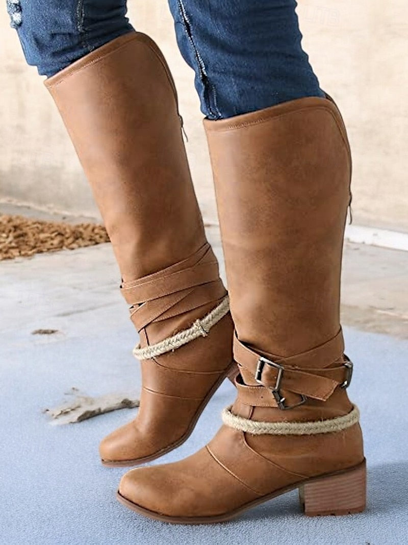 Rustic Brown Western Women's Boots with Buckle Straps and Rope Detailing - Vintage Style, Perfect for Casual Outings and Country Festivals