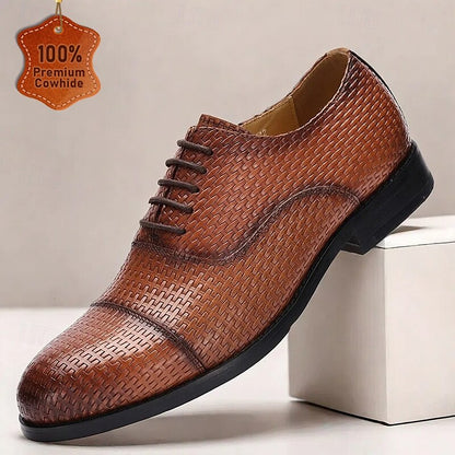 Men's Woven Pattern Brown Leather Oxford Shoes-Premium Cowhide Lace-Up Formal Shoes for Business and Special Occasions