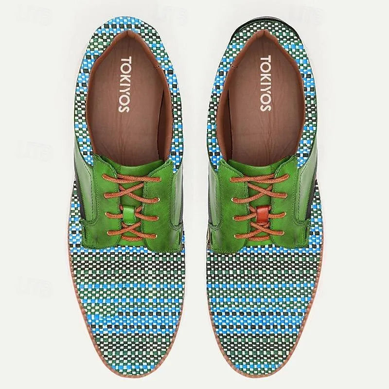 Men's Green Woven Sneakers Oxford Shoes - Stylish Casual Lace-Ups - Tokiyos