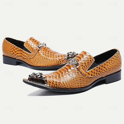 Men's Brown Snake Print Leather Dress Shoes with Metal Accents - Tokiyos