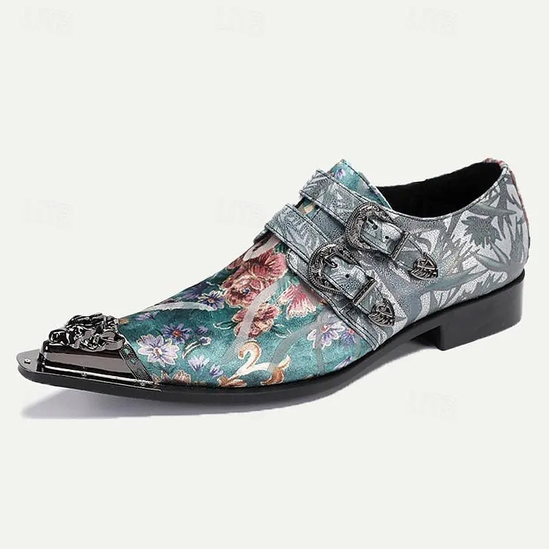 Men's Metallic Floral Dress Shoes with Double Buckles - Stylish Formal Footwear - Tokiyos