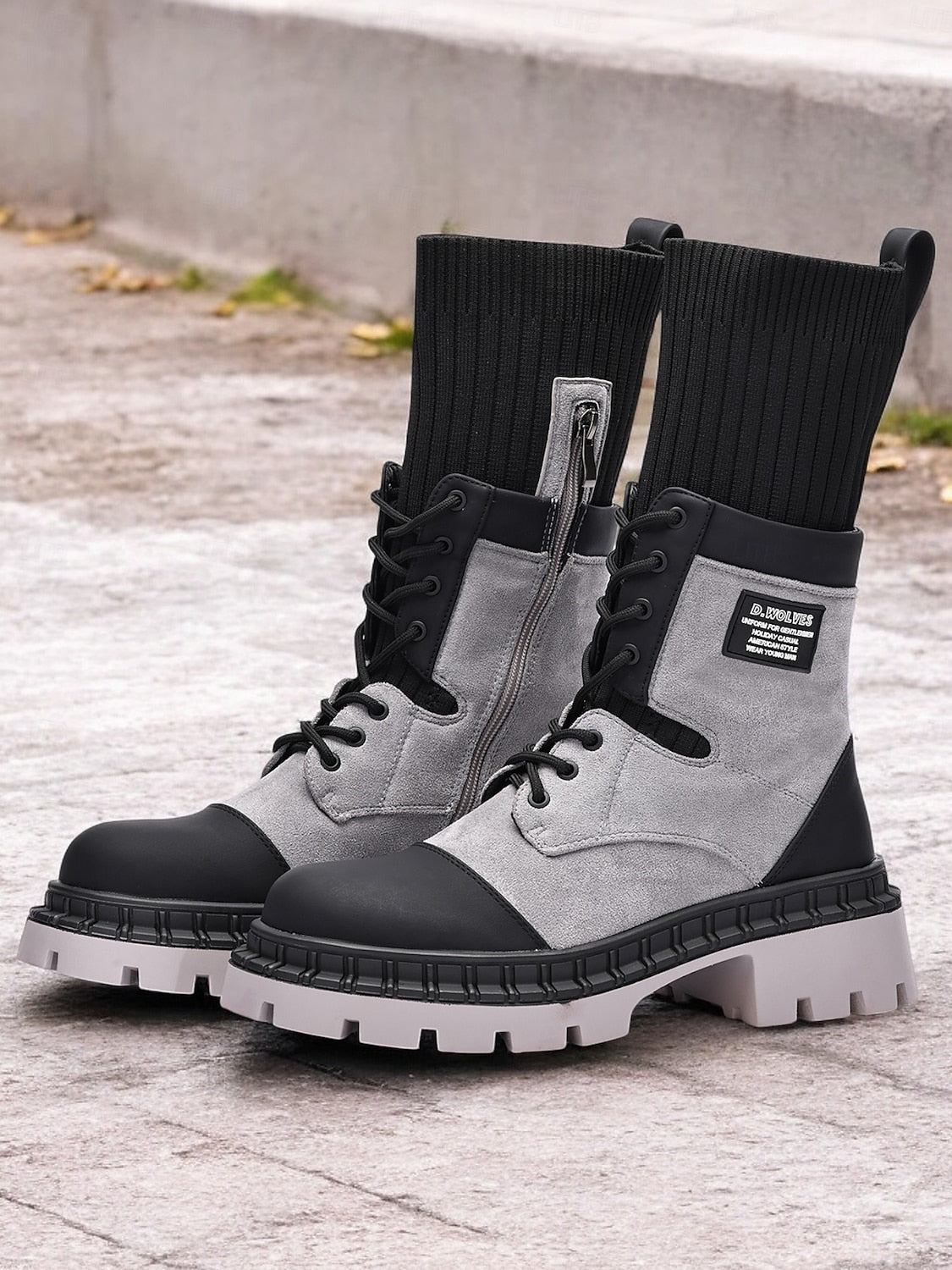 Women's Gray and Black Chunky Combat Boots with Knit Top and Side Zipper - Rugged Lace-Up Design for Outdoor and Streetwear