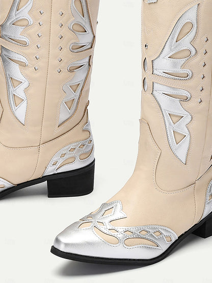 Women's Beige and Silver Western Cowboy Boots with Intricate Butterfly Design – Faux Leather Boots for Rodeo, Country, and Casual Wear