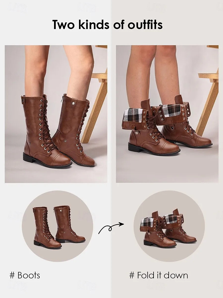 Women's Brown Convertible Lace-Up Combat Boots with Fold-Down Plaid Cuffs - Versatile Vintage Style for Casual and Outdoor Wear