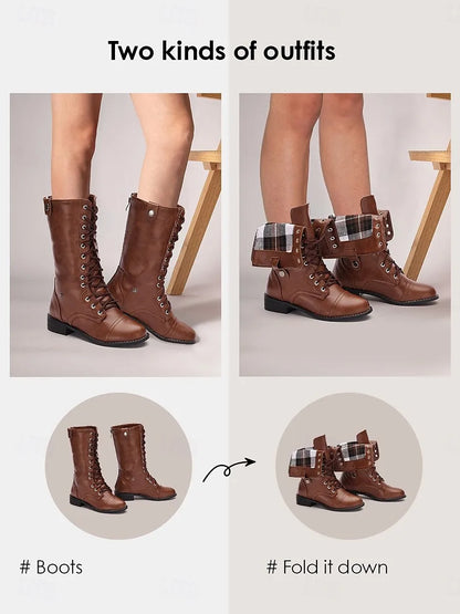 Women's Brown Convertible Lace-Up Combat Boots with Fold-Down Plaid Cuffs - Versatile Vintage Style for Casual and Outdoor Wear