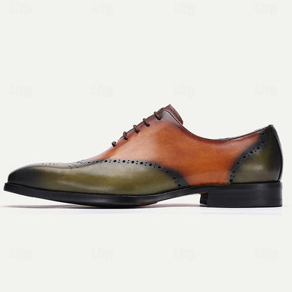 Men's Premium Cowhide Leather Oxford Shoes - Two-Tone Brogue Lace-Up Dress Shoes for Formal and Casual Wear