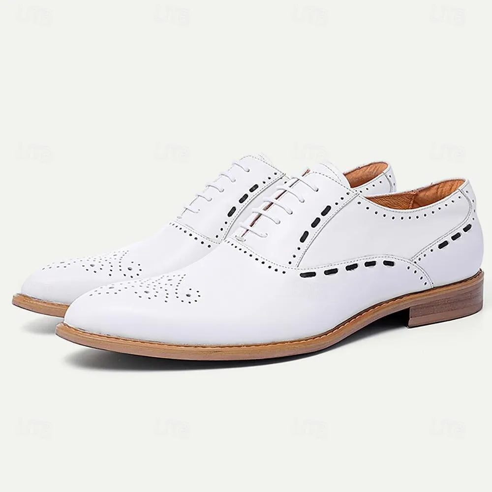 Men's White Leather Brogue Oxford Shoes - Tokiyos