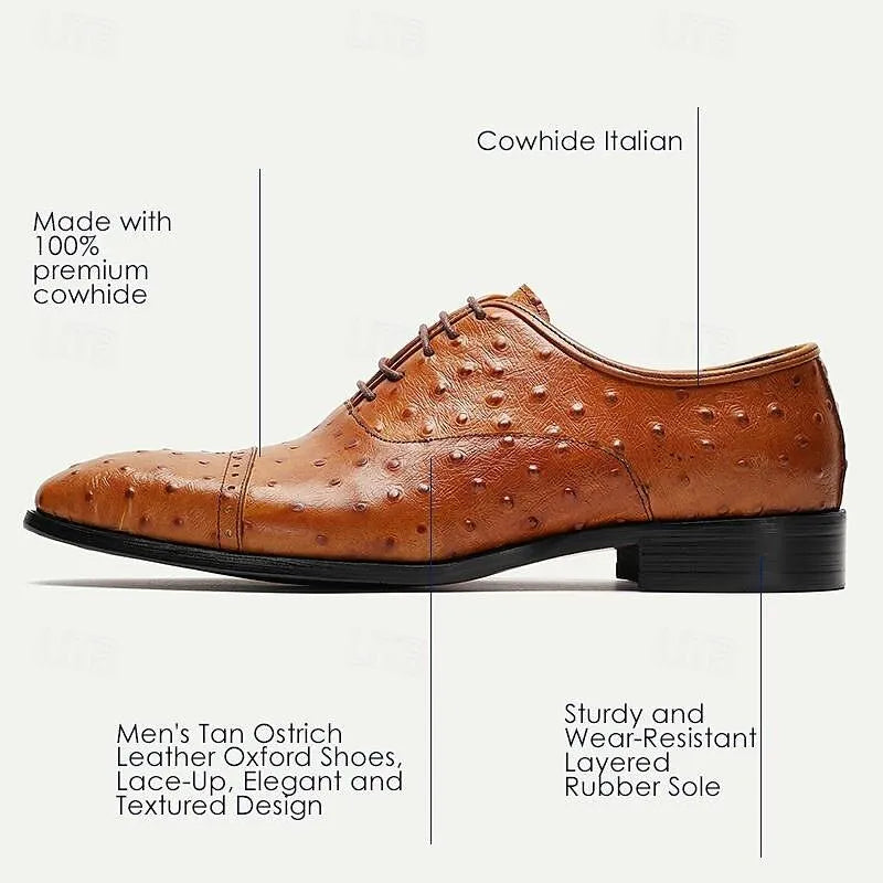 Men's Brown Ostrich Leather Oxfords: Elegant Brogue Detailing - Tokiyos