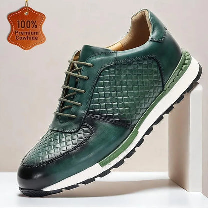 Men's Textured Green Leather Sneakers Non-Slip Sole - Tokiyos