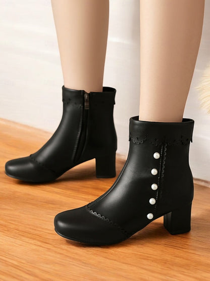 Women's Vintage Black Ankle Boots with Pearl Button Details