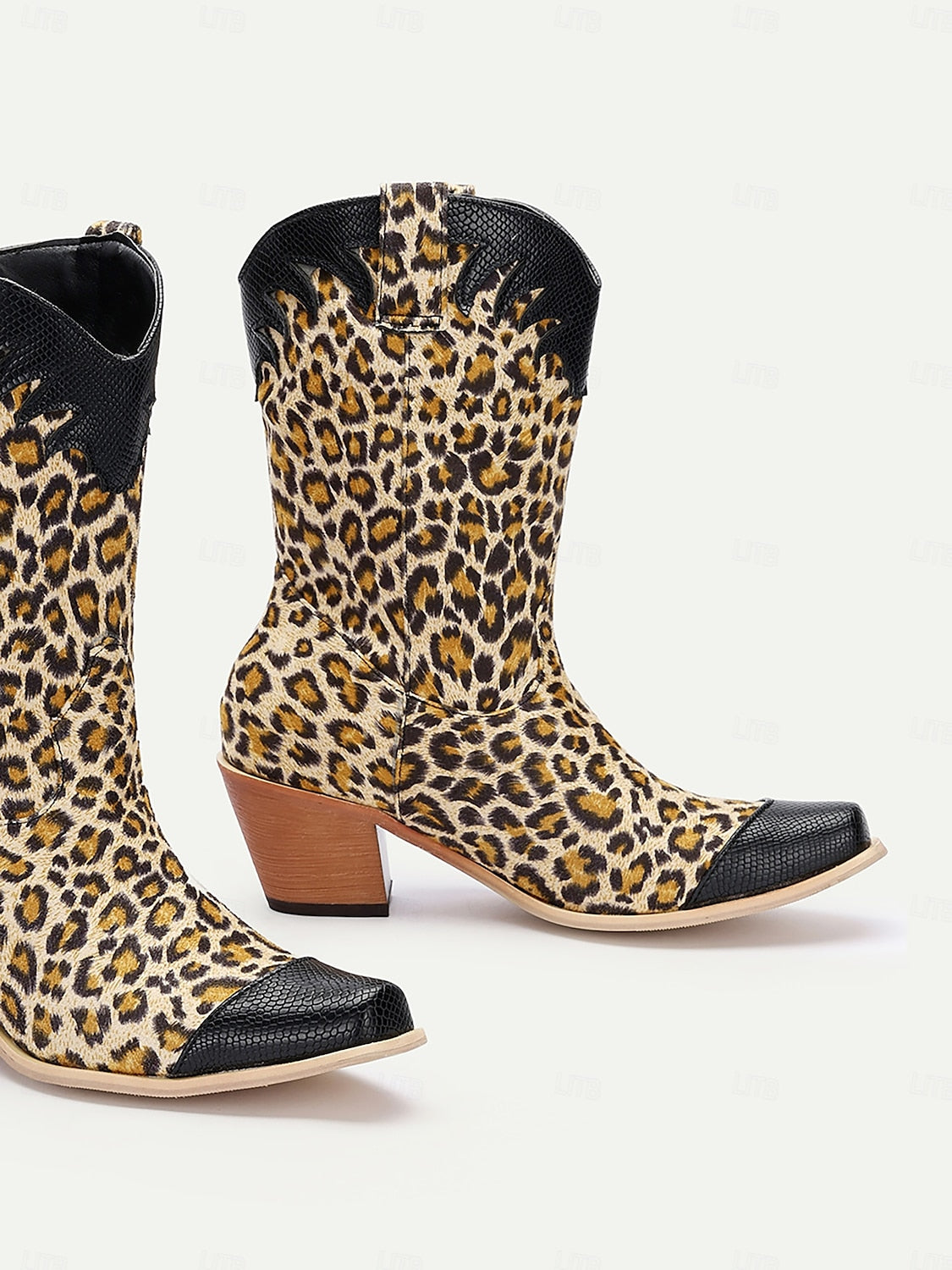 Women's Leopard Print Western Cowboy Boots with Black Faux Leather Accents