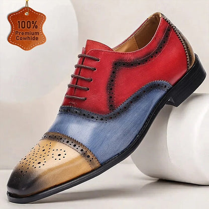 Men's Premium Cowhide Leather Oxford Shoes - Multicolor Brogue Lace-Up Dress Shoes with Wingtip Design