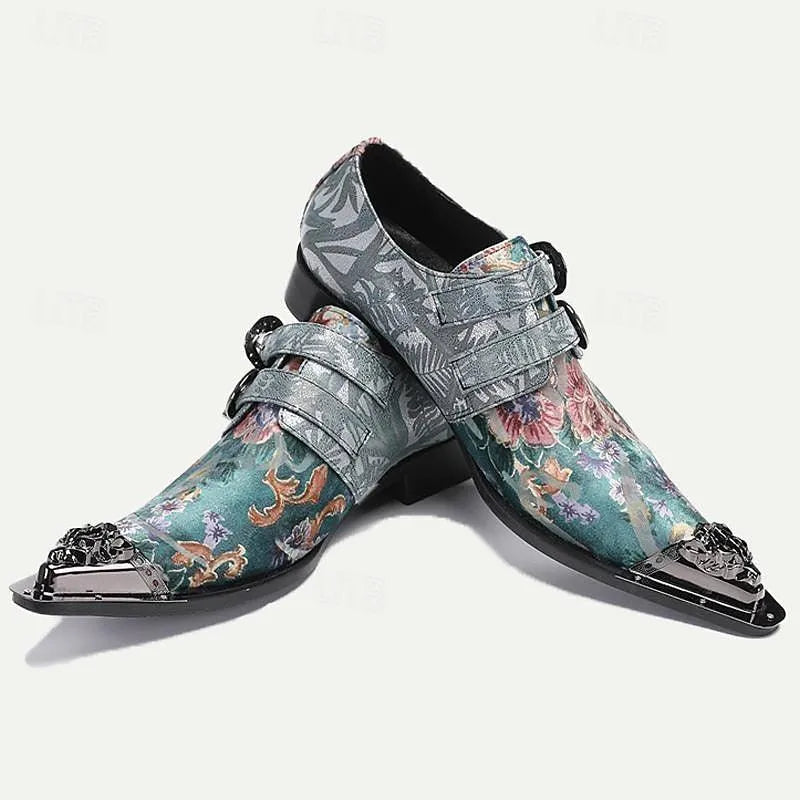 Men's Metallic Floral Dress Shoes with Double Buckles - Stylish Formal Footwear - Tokiyos