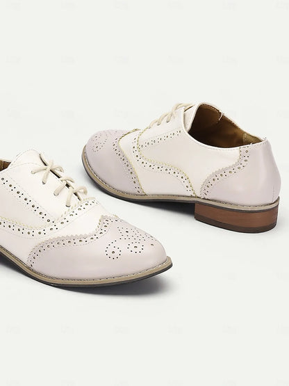 Women's Cream and White Faux Leather Brogue Oxford Shoes with Lace-Up Closure