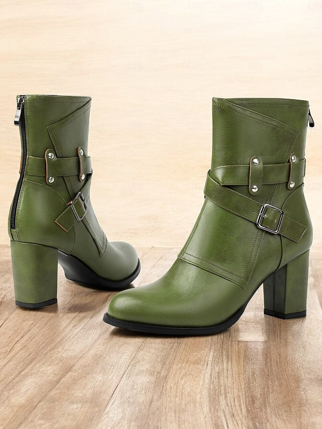 Women's Green Ankle Boots with Buckle Straps – Chunky Block Heel, Zip Closure, Perfect for Fall and Winter Fashion