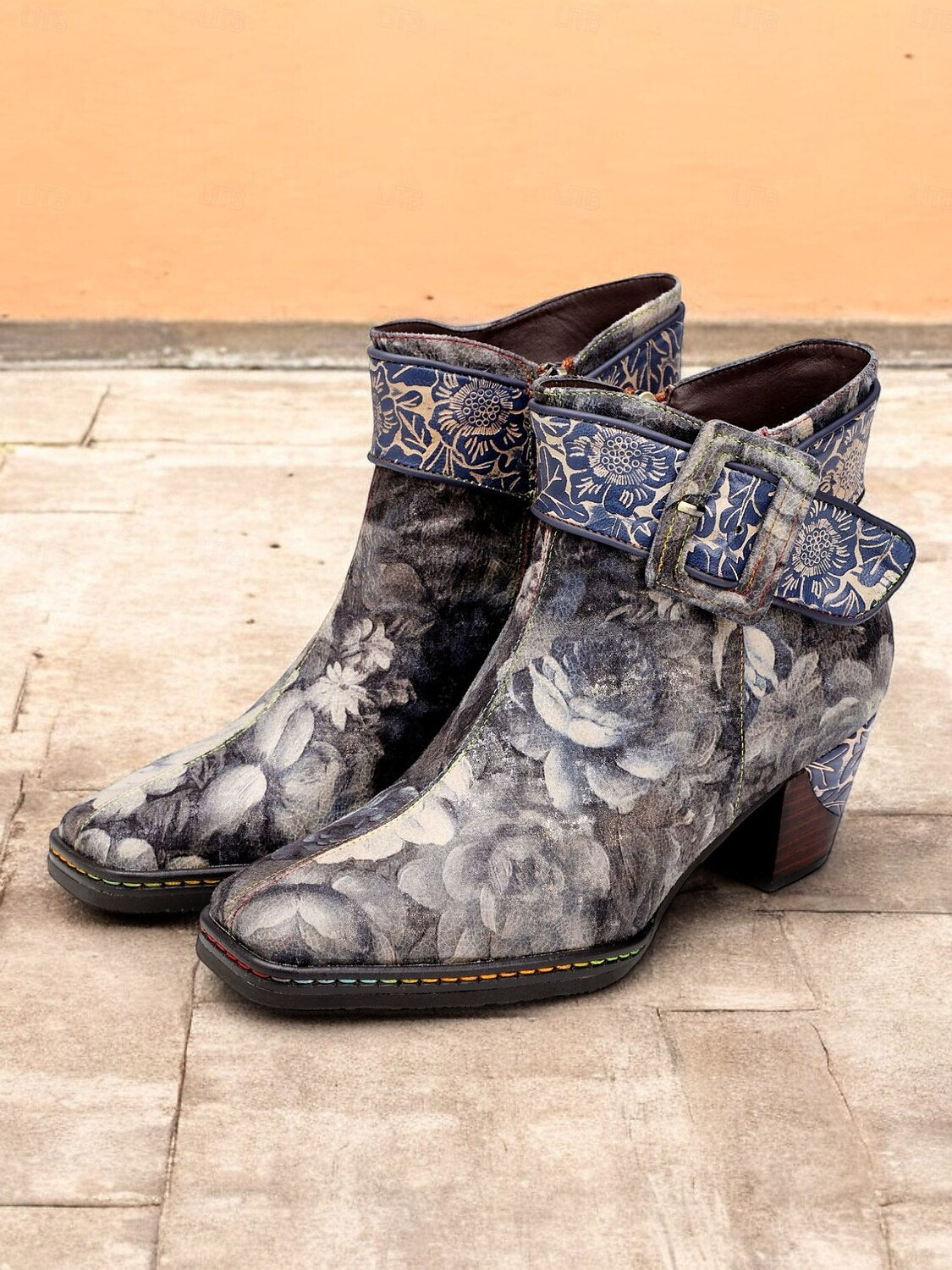 Women's Vintage Floral Ankle Boots with Buckle Strap – Retro Style Chunky Heel Booties for Casual and Festival Wear