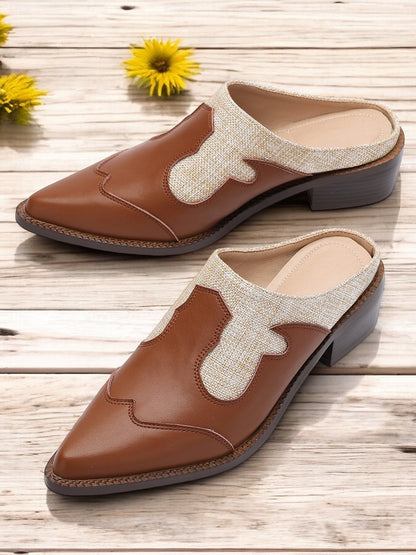 Women's Brown Slip-On Mules with Woven Accents and Western-Inspired Design, Comfortable Low Heels for Casual or Everyday Wear