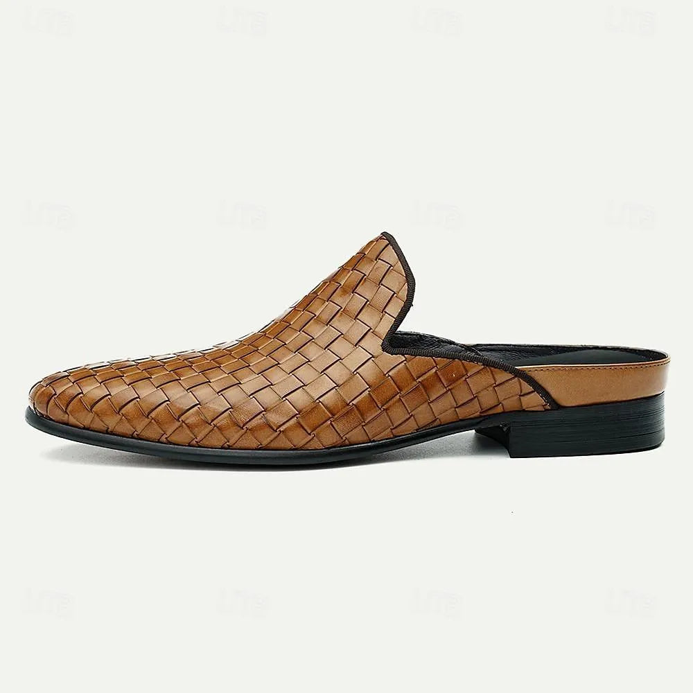 Men's Brown Woven Leather Mules Slip-On Roman Loafers - Tokiyos