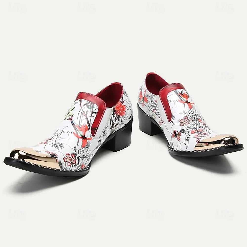 Men's Floral Print Loafers - Fashionable Slip-On Dress Shoes with Red Accents and Metallic Toe Cap - Tokiyos