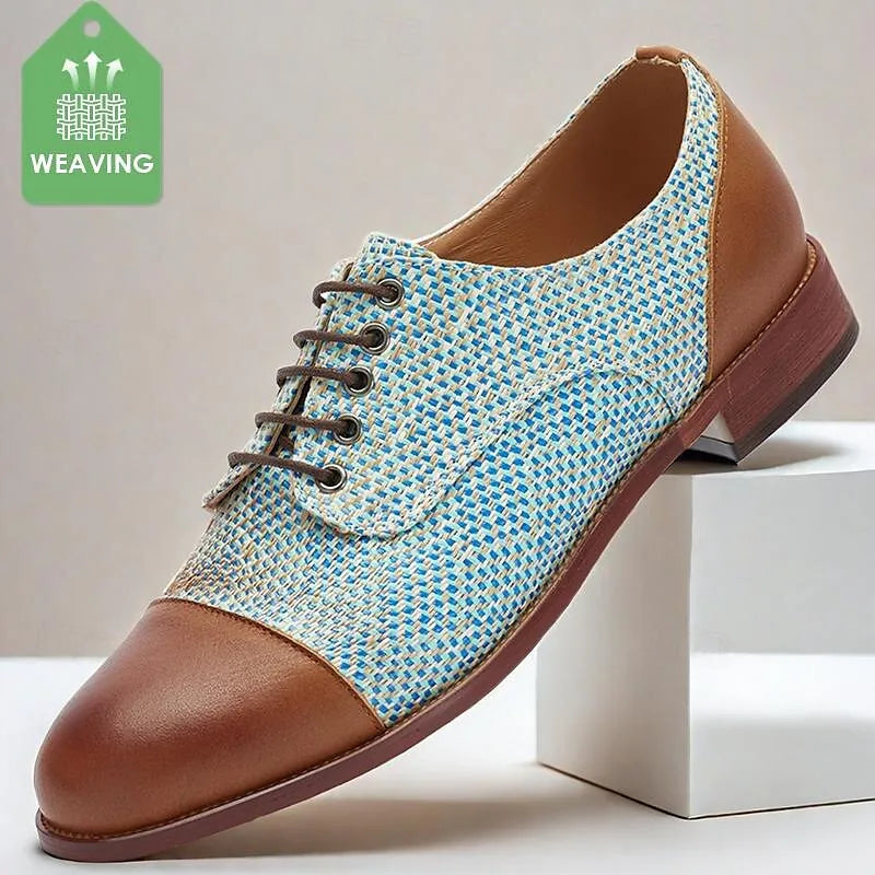 Men's Light Blue Woven Leather Oxford Shoes - Breathable Brown Lace-Up Casual Footwear