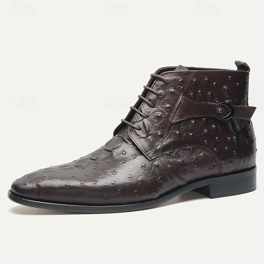 Men's Ostrich Embossed Leather Ankle Boots with Premium Cowhide and Lace-Up