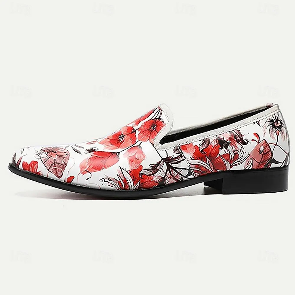 Men's Floral Print Slip-On Dress Shoes in Red and White - Tokiyos