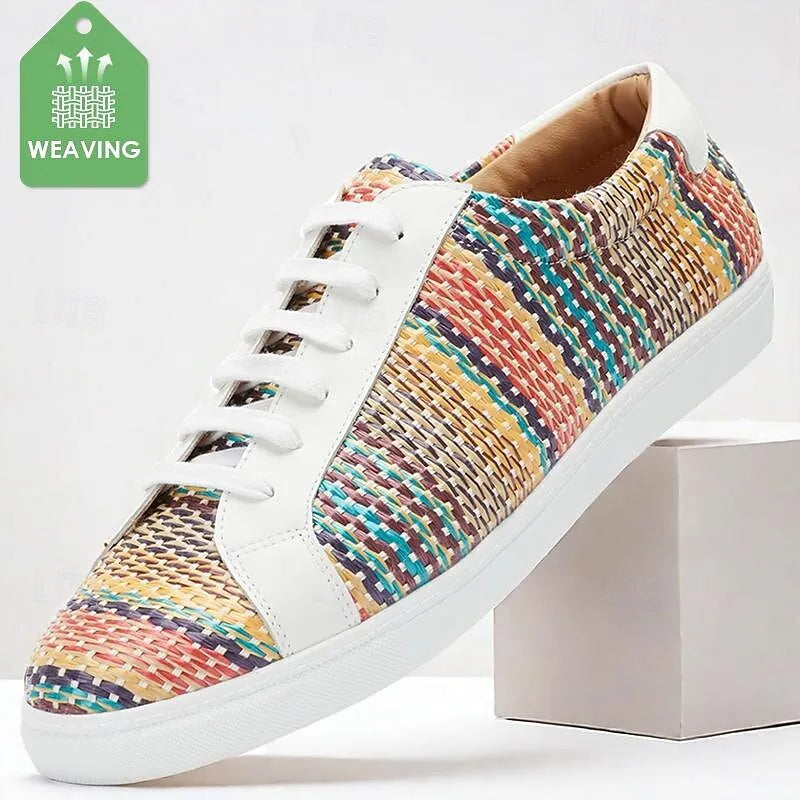 Men's Multicolor Woven Sneakers - Breathable White Lace-Up Casual Shoes