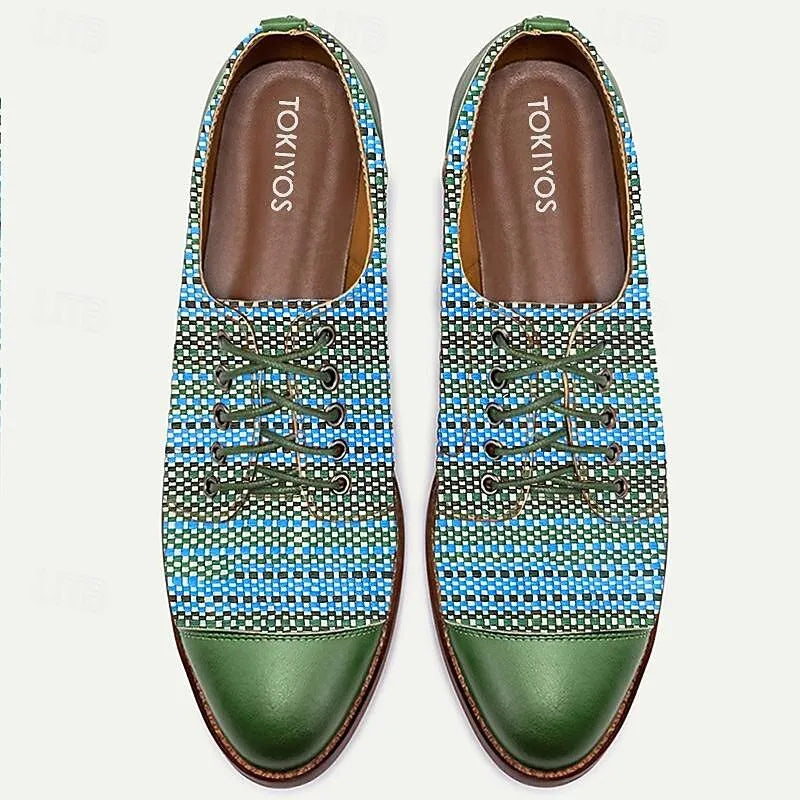 Men's Dress Shoes Green Blue Woven Fabric Lace-up Design - Tokiyos