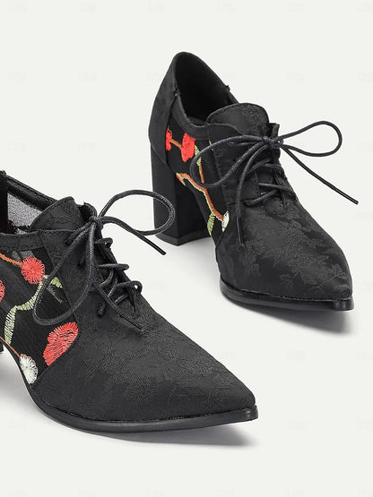 Women's Black Jacquard Lace-Up Heels with Floral Embroidery and Block Heel