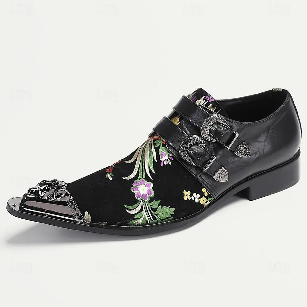 Men's Black Leather Dress Shoes with Floral Embroidery and Metal Buckles - Elegant Formal Footwear - Tokiyos