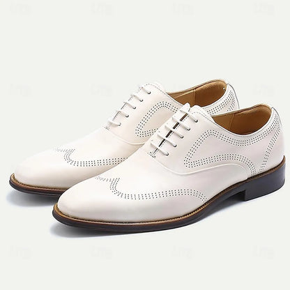 Men's White Leather Oxford Shoes with Perforation - Tokiyos