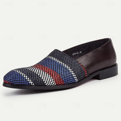 Men's Woven Patterned Loafers - Stylish Casual Slip-On Shoes with Red, Blue, and White Design