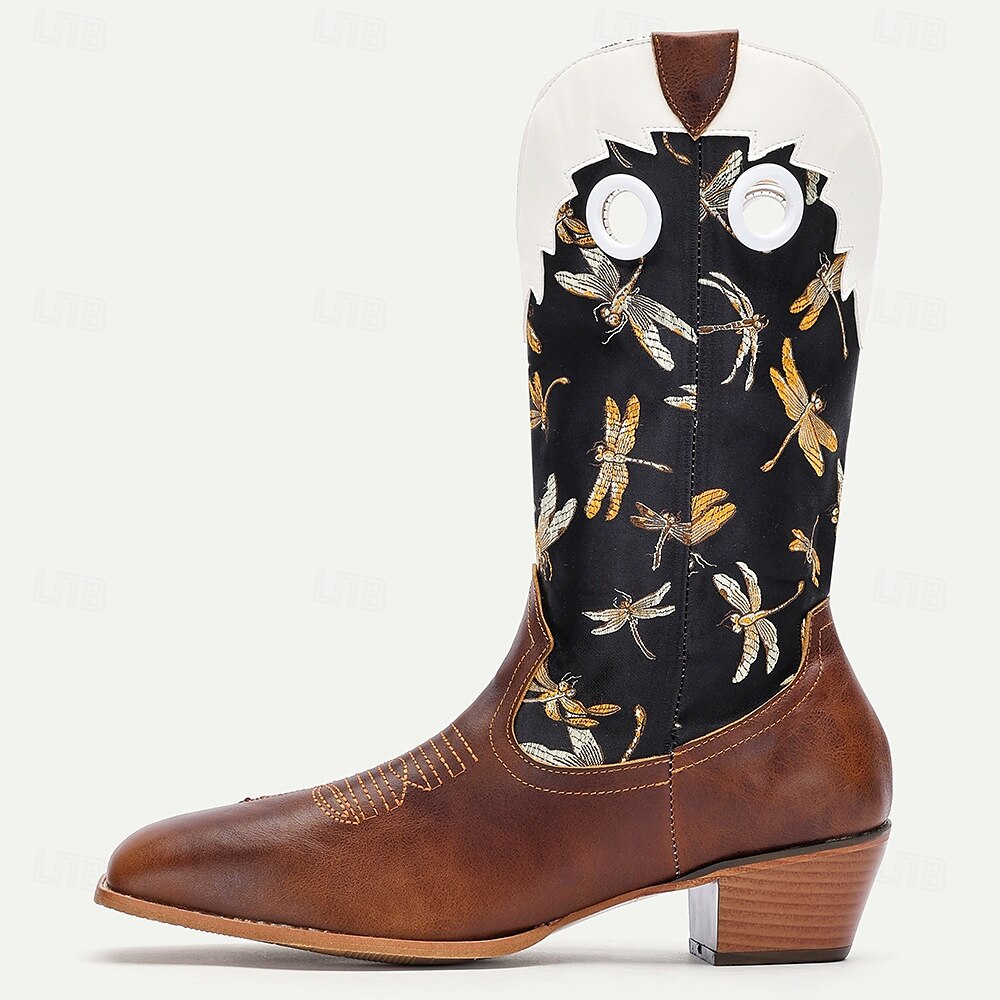 Men's Premium Cowhide Leather and Jacquard Fabric Western Cowboy Boots with Dragonfly Embroidery-Vintage Style Boots for Ranch and Outdoor Wear