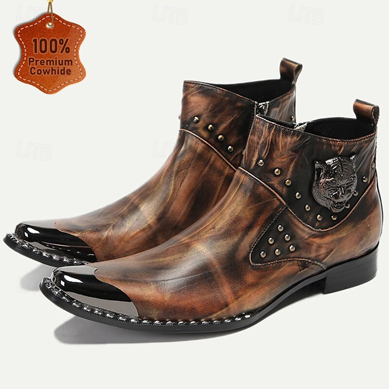 Men's Premium Cowhide Leather Motorcycle Boots with Studded Design, Brown Gradient Finish, and Metallic Detailing - Perfect for Biker Style and Casual Outfits