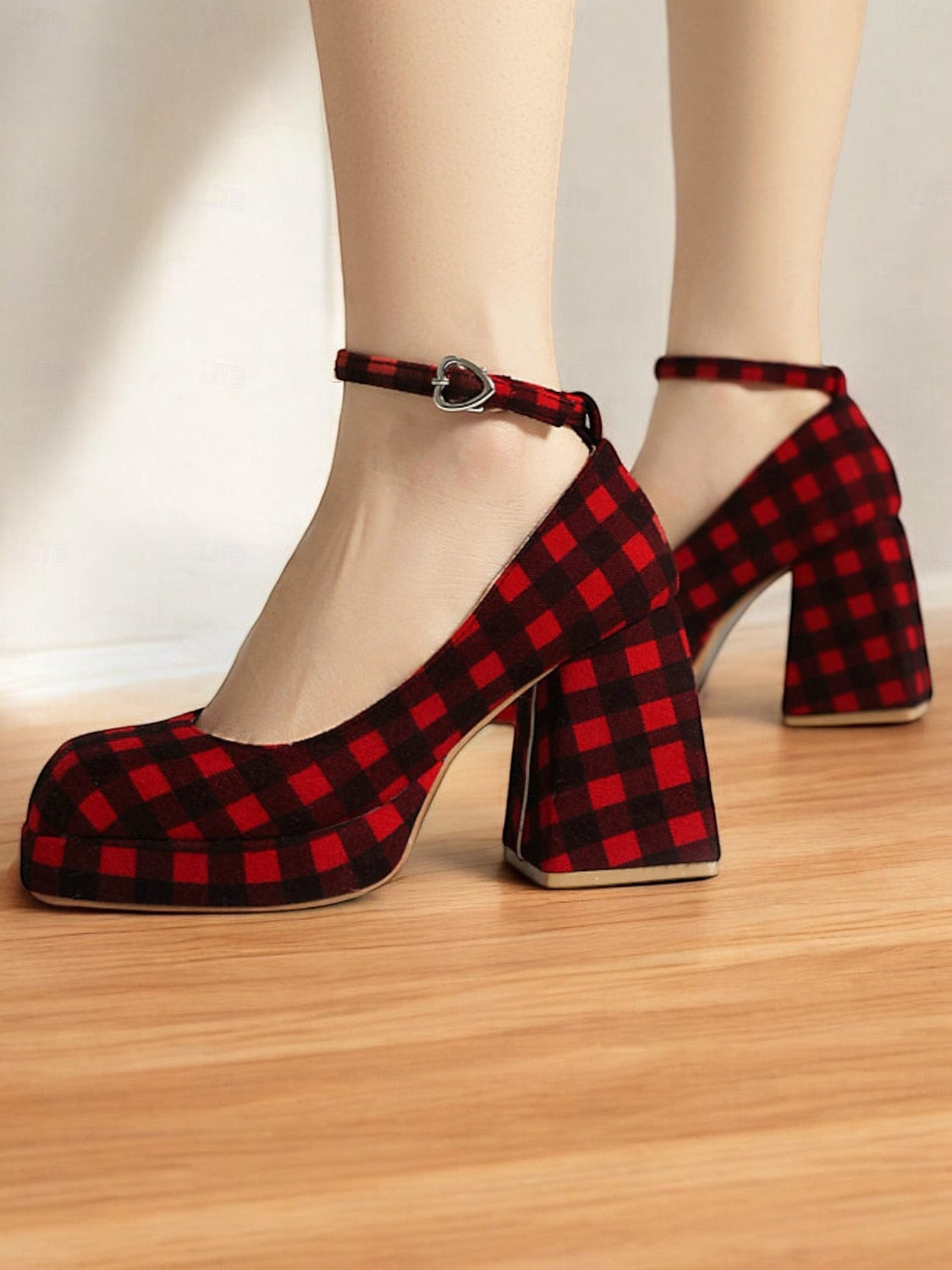 Women's Red Plaid Block Heel Mary Jane Shoes with Ankle Strap, Vintage Style