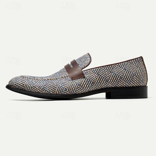 Men's Herringbone Woven Loafers - Breathable Brown and Blue Slip-On Casual Shoes