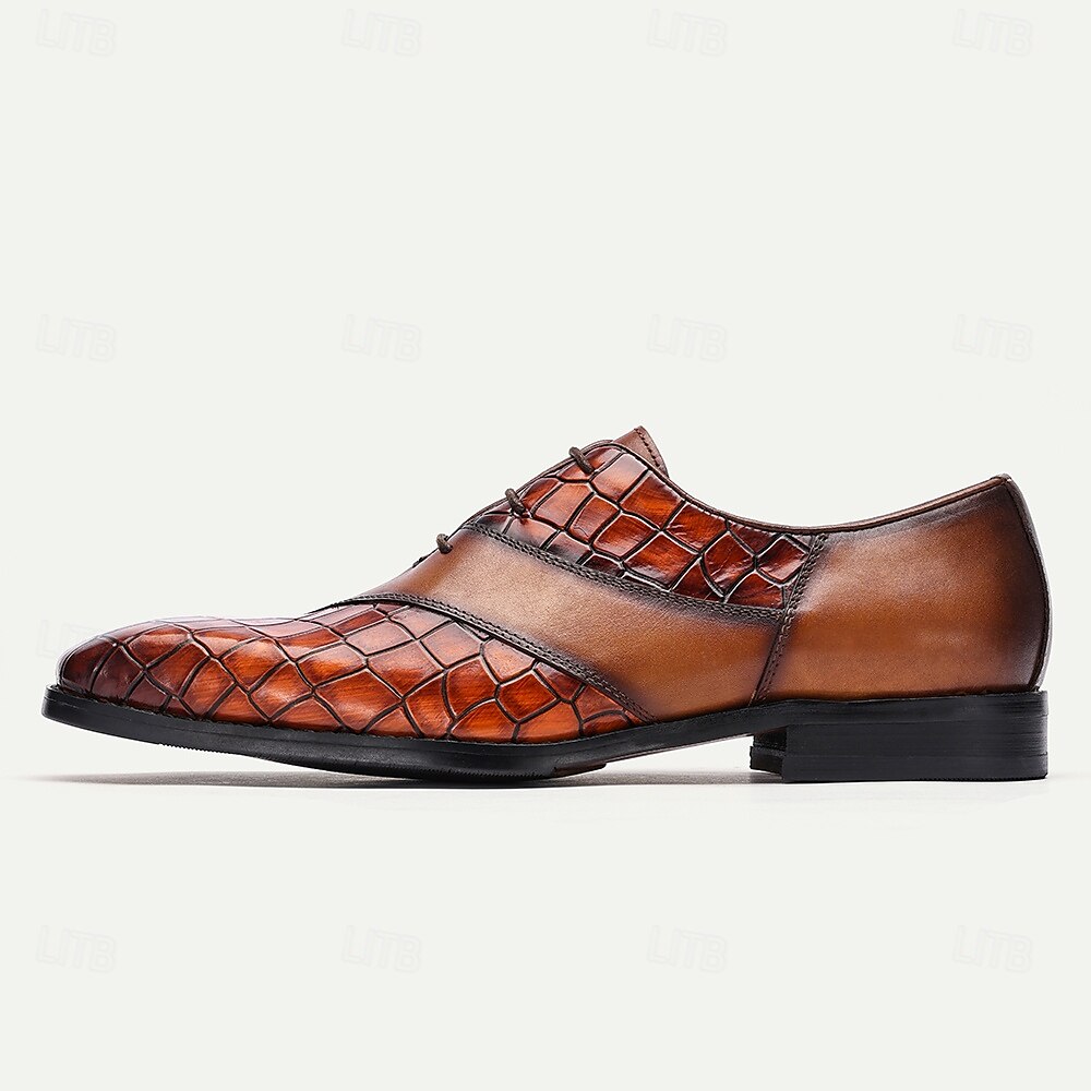 Men's Brown Crocodile Embossed Leather Oxford Shoes - Premium Cowhide Formal Lace-Up Shoes for Business and Special Events