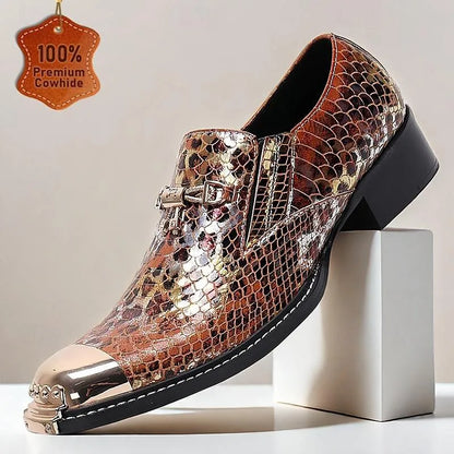 Men's Exotic Copper Snakeskin Print Leather Dress Shoes with Metal Cap Toe - Tokiyos