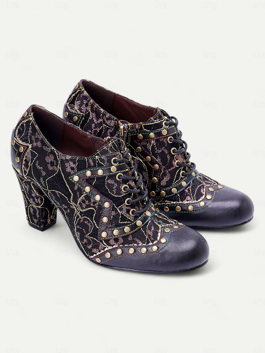 Women's Vintage Lace-Up Heeled Oxford Shoes-Floral Pattern with Studded Detailing for Retro and Steampunk Styles