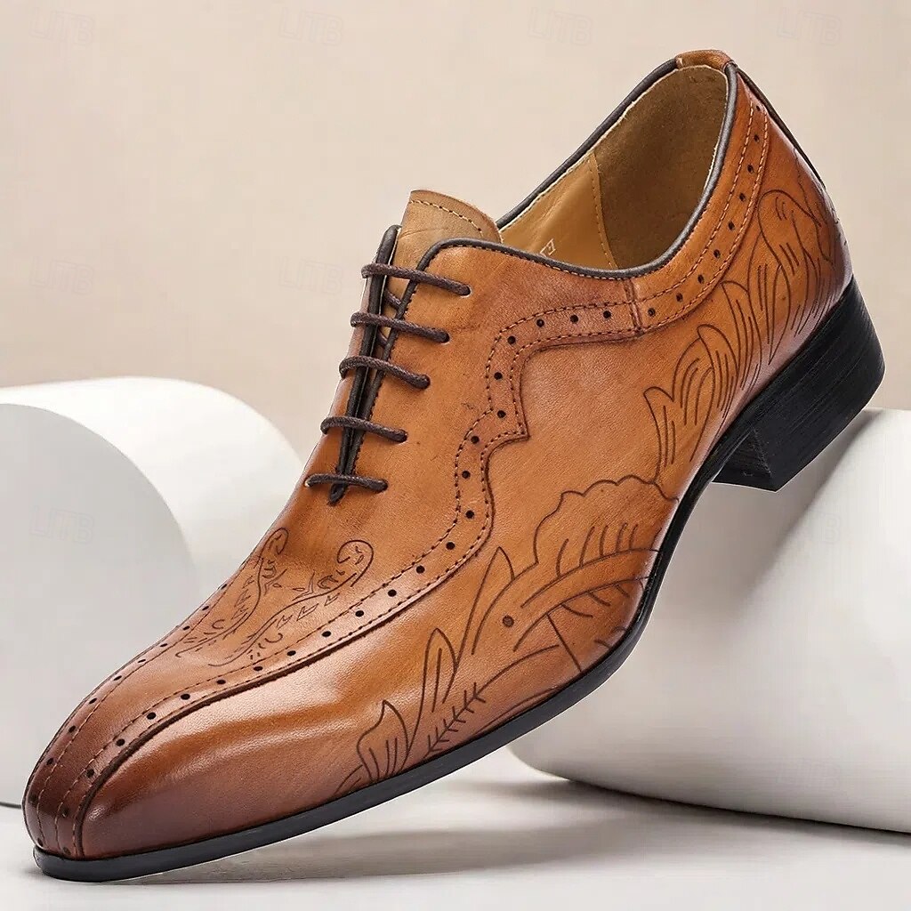 Men's Premium Cowhide Leather Oxford Shoes - Hand-Carved Floral Design Lace-Up Brogue Dress Shoes for Formal Occasions