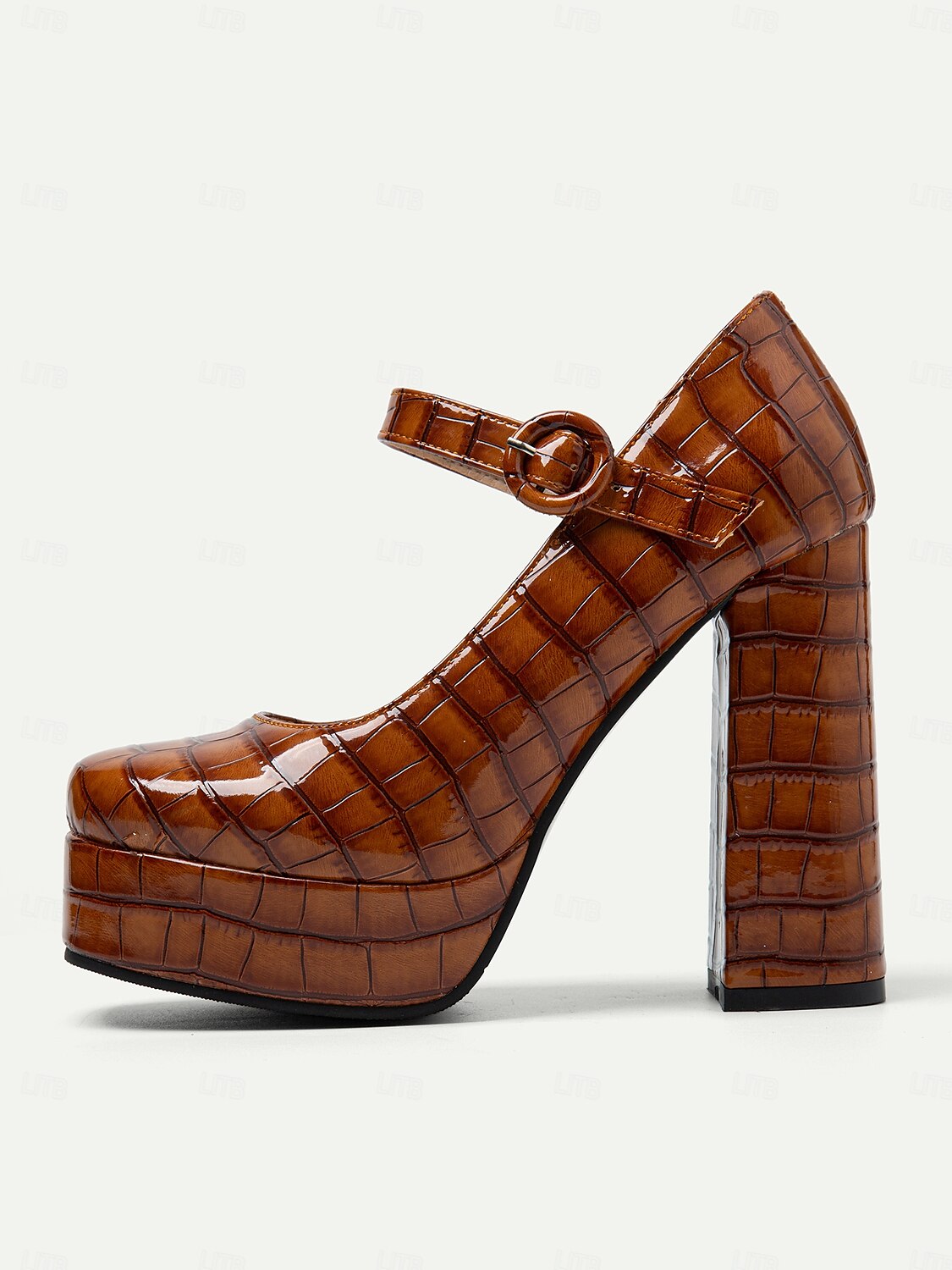 Women's Vintage-Style Brown Crocodile Embossed Platform Heels with Mary Jane Strap – Retro Block Heels for Formal and Party Wear