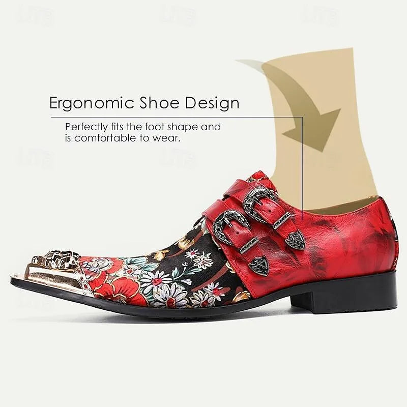 Men's Red Floral Embroidered Monk Strap Shoes Gold Lion Head Buckles - Tokiyos