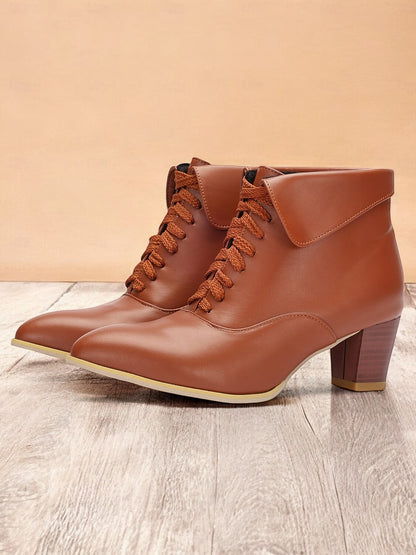 Women's Brown Lace-Up Ankle Boots with Low Block Heel