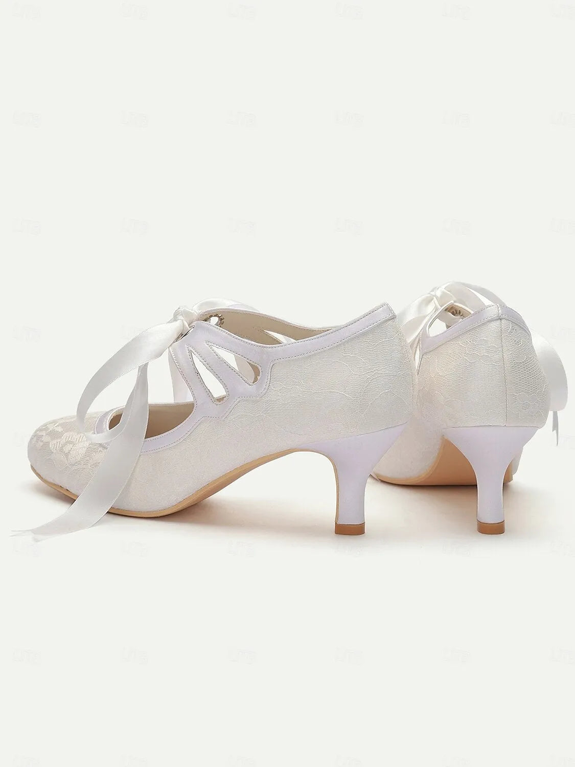 Women's White Lace Wedding Shoes with Ribbon Tie and Low Heel