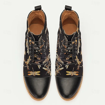 Men's Premium Cowhide Lace-Up Boots with Dragonfly Embroidery and Leather Toe Cap