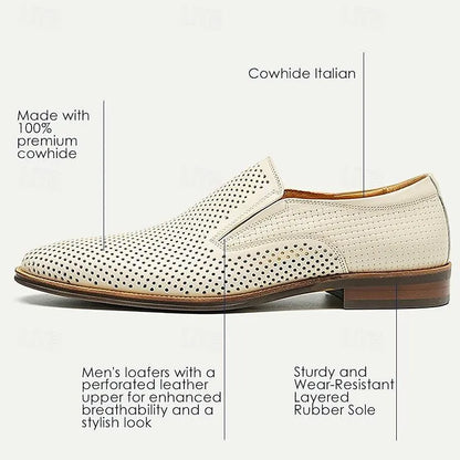 Men's White Perforated Leather Slip-On Loafers - Tokiyos