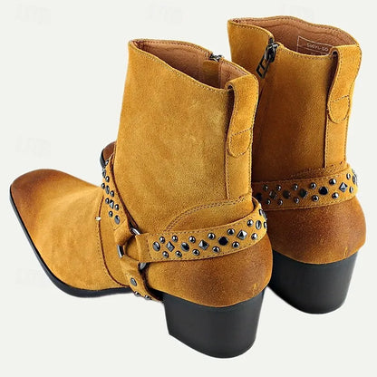 Men's Tan Suede Motorcycle Boots with Studded Strap and Zipper Closure - Stylish Western-Inspired Biker Boots