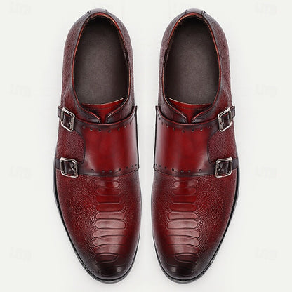 Men's Double Monk Strap Red Leather Oxford Shoes ¨C Premium Cowhide, Textured Design, Formal Dress Shoes for Business and Special Occasions